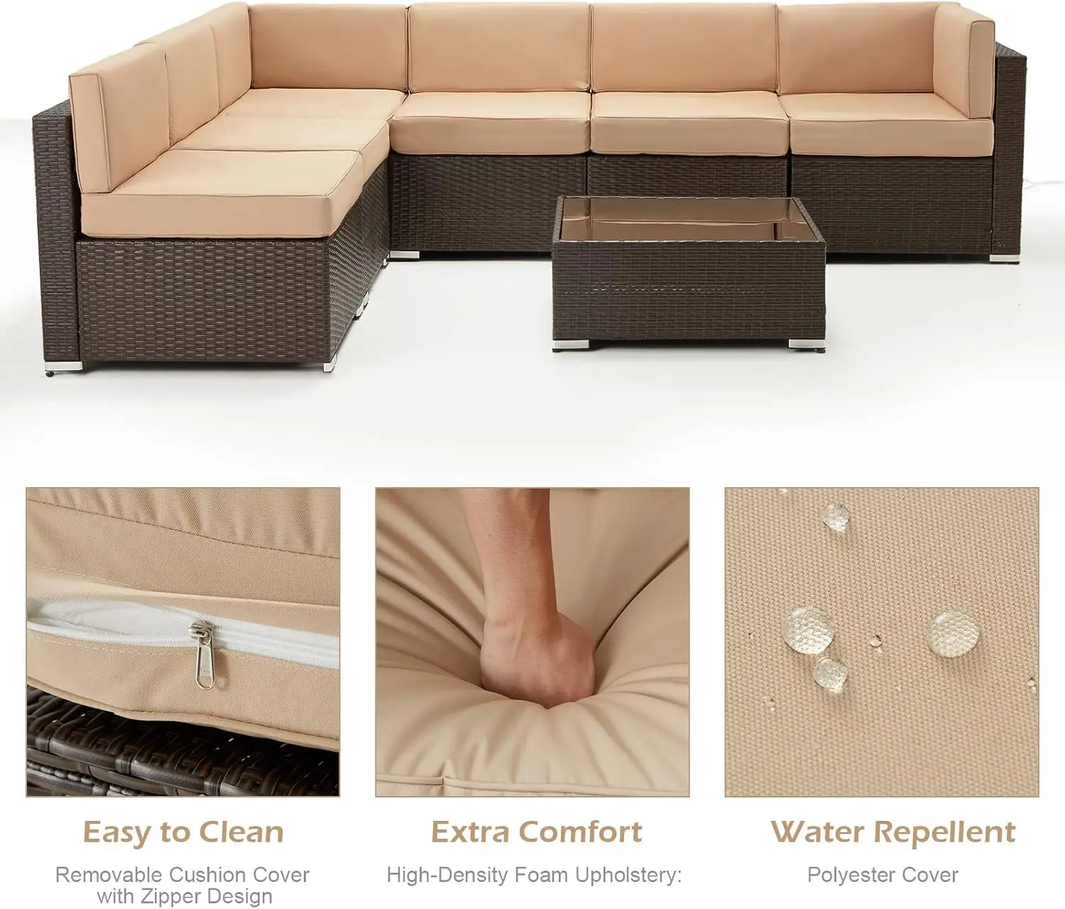 7 Piece Outdoor Patio Furniture Set, PE Rattan Wicker Sofa Set, Outdoor Sectional Furniture Chair Set with Cushions - Image 4