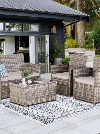 4 Piece Patio Furniture Set, Outdoor Wicker Conversation Sets, Rattan Sectional Sofa w/Coffee Table, Seat Cushions for Backyard