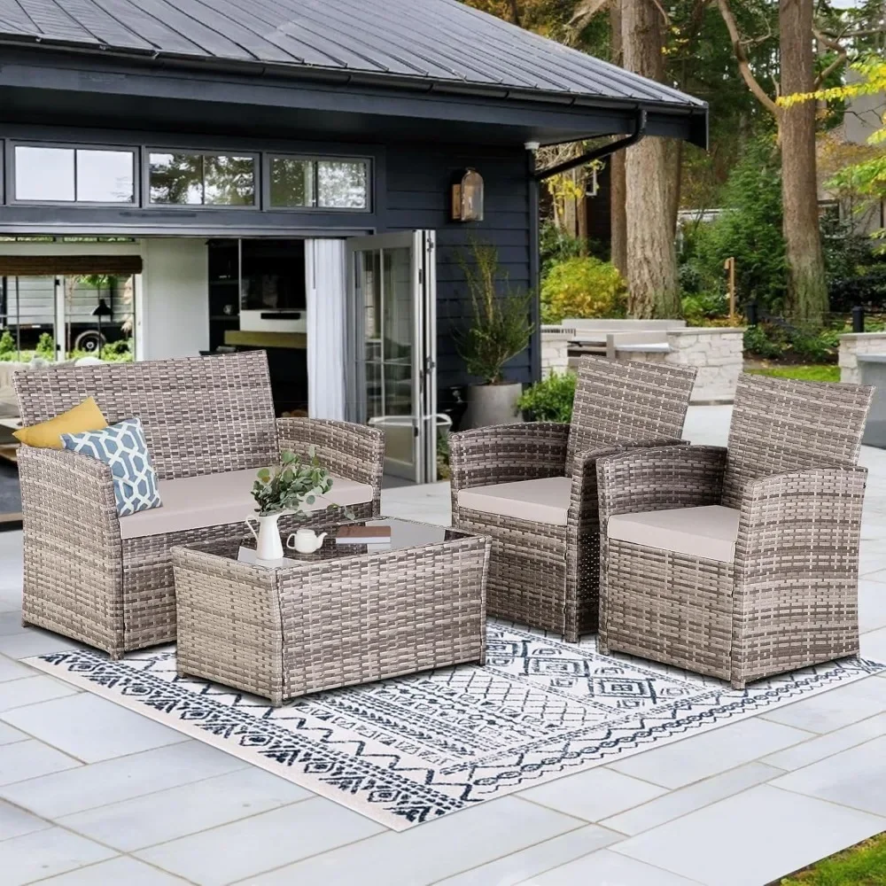 4 Piece Patio Furniture Set, Outdoor Wicker Conversation Sets, Rattan Sectional Sofa w/Coffee Table, Seat Cushions for Backyard