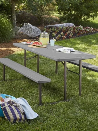 Outdoor Living 6 ft. Folding Picnic Table, Dark Gray Wood Grain Resin with Gray Steel Legs