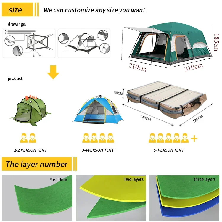 2 Rooms 1 Living Room Waterproof Extra Large Space 8 To 12 Persons Portable Family Outdoor Camping Tent - Image 5