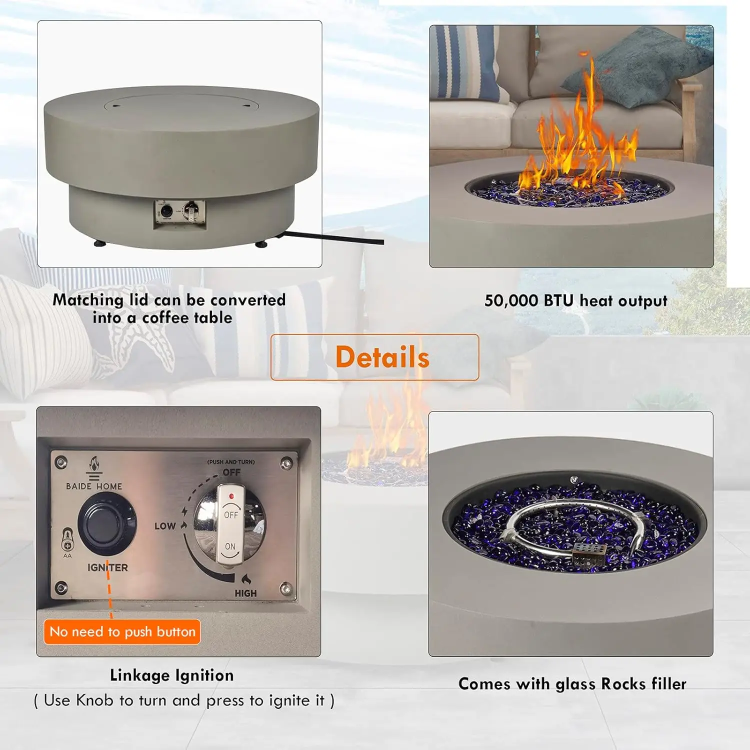 Propane Outdoor Fire Pit Table, Flint & Concrete Look 33-inch Round Patio Gas Fire Table 50,000 BTU w/Lid, Fire Glass - Image 5