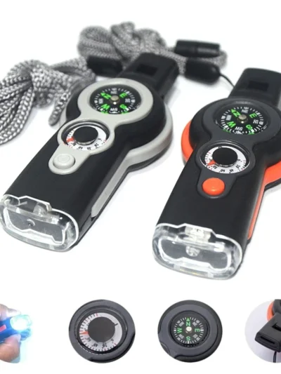 7 in 1 Survival Emergency Tool Whistle Compass Thermometer Magnifier Flashlight
