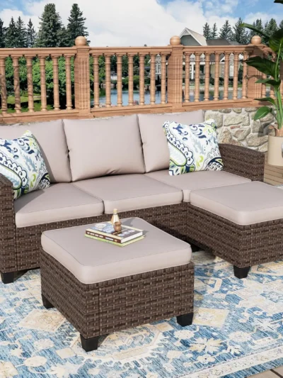 3 Pieces Wicker Patio Furniture Set, Rattan Outdoor Conversation Set with 3-Seater Sofa, 2 Pieces Ottomans, Beige