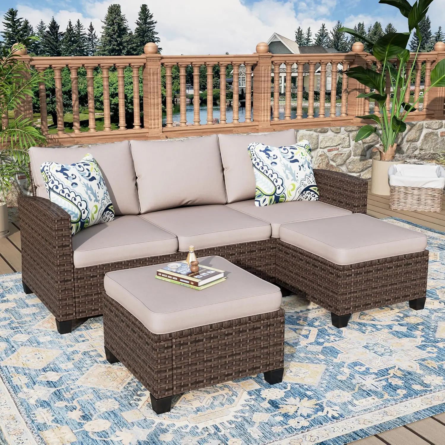 3 Pieces Wicker Patio Furniture Set, Rattan Outdoor Conversation Set with 3-Seater Sofa, 2 Pieces Ottomans, Beige