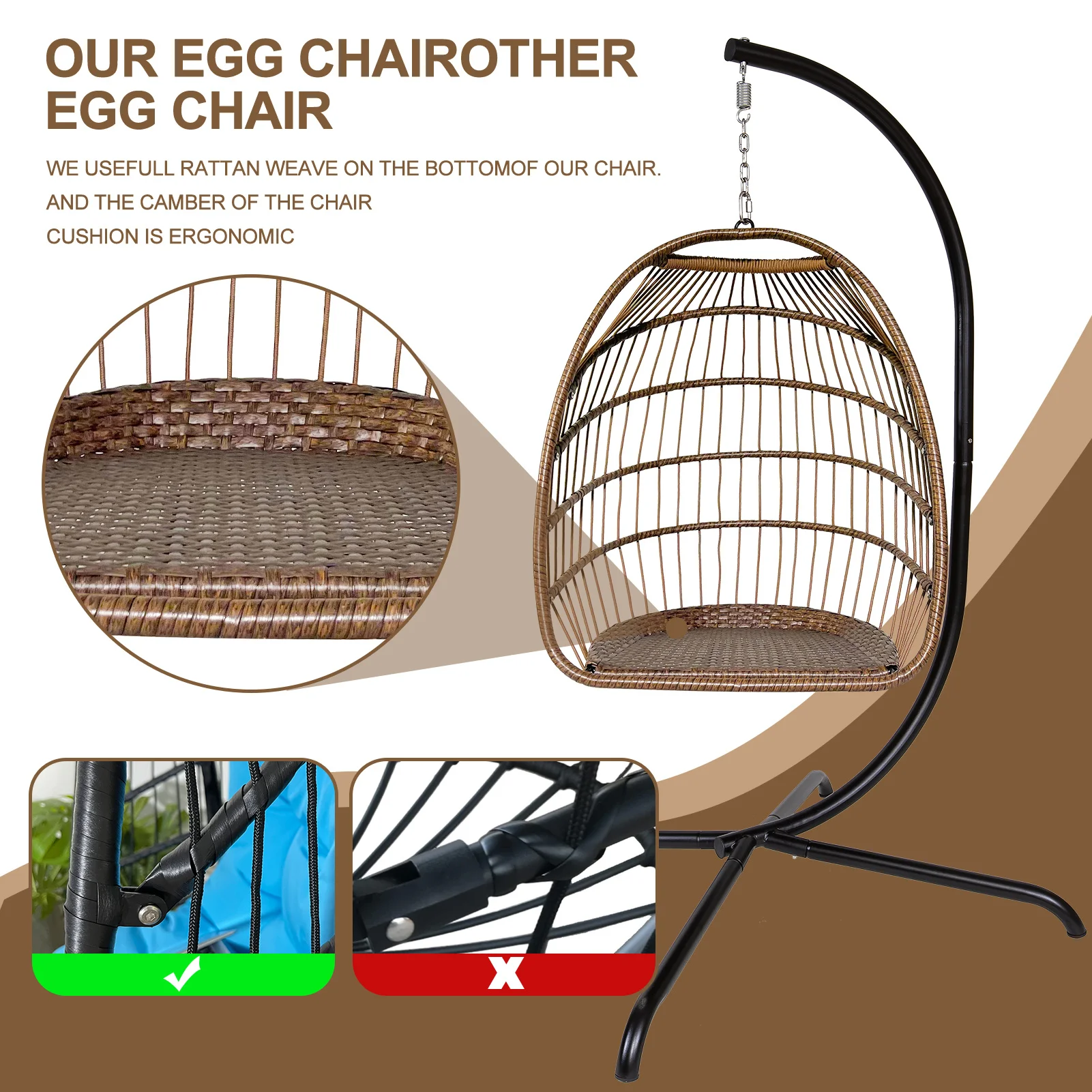 Swing Egg Chair with Stand Indoor Outdoor Wicker Rattan Patio Basket Hanging Chair with C Type bracket - Image 6