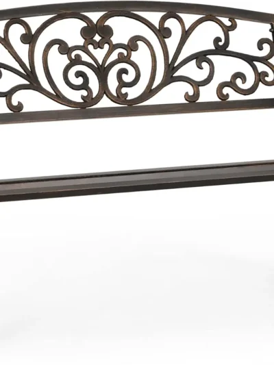 50 Inch Cast Iron Steel Frame Garden Bench Patio Furniture Chair Outdoor Bench w/Floral Design Backrest, Slatted Seat