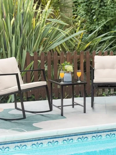 3 Pieces Rocking Wicker Bistro Set, Patio Outdoor Furniture Conversation Sets with Porch Chairs and Glass Coffee Table, Beige