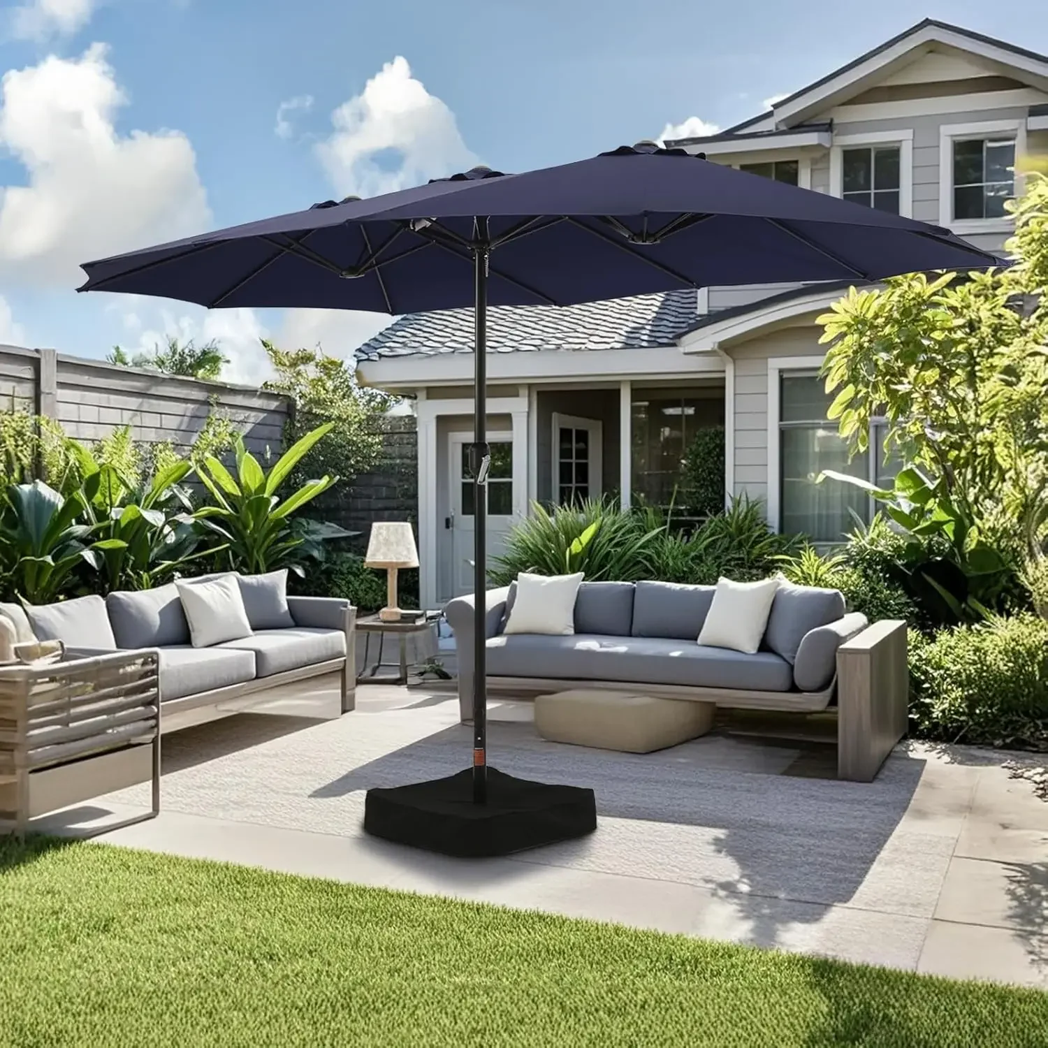 Large Patio Umbrella with Base Included,15ft Double Sided Outdoor Rectangular Patio Umbrella with Crank Handle, for Lawn Garden