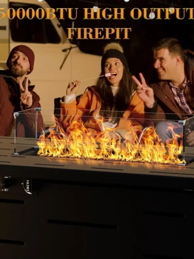 Propane Fire Pit 43" Outdoor Fire Pit Table 50000 BUT Gas Fire Table with Lid, Glass Wind Guard, Lava Rock & Waterproof Cover.