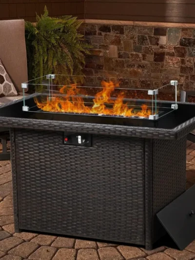 44" Propane Gas Fire Pit Table, 55000 BTU Rectangular Fire Pit with Glass Wind Guard for Outside Patio Deck Garden Backyard
