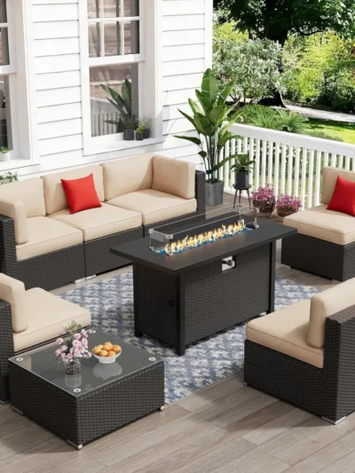 8-Piece Outdoor Patio Furniture Sets with 45” Propane Gas Fire Pit Table, All-Weather Black Wicker Rattan Sectional Sofa