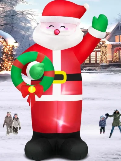 14FT Giant Inflatable Santa Claus Outdoor Decorations, Christmas Blow Up Santa with Wreath Built-in LED Lights
