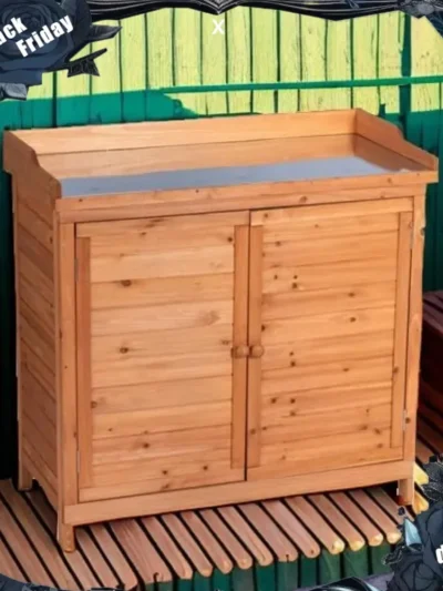 Outdoor Garden Patio Wooden Storage Cabinet Furniture Waterproof Tool Shed with Potting Benches Outdoor Work Station Table