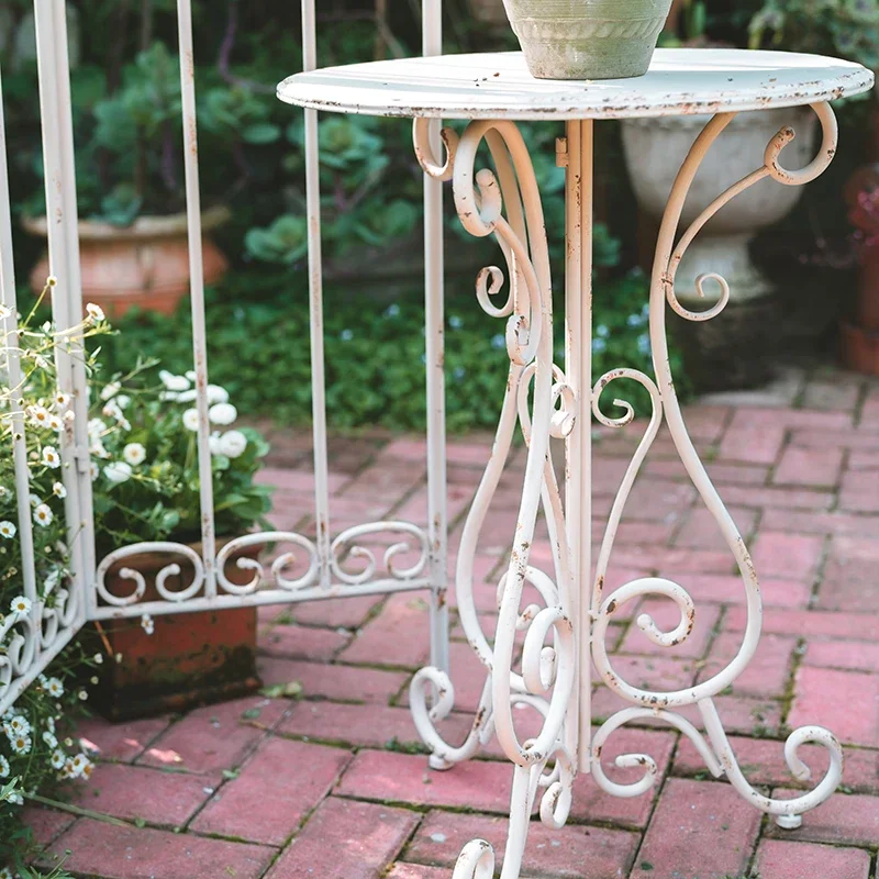 Outdoor Metal Iron Round Side Table Vintage White Finish Rustic Garden Table Decorative Balcony Accent Patio Side Table - Image 6
