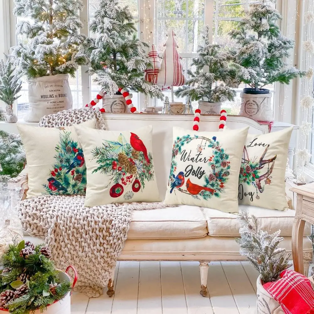 Christmas Throw Pillow Covers Linen Merry Christmas Cushion Case Garden Winter Holiday Pillowcase for Patio Furniture Couch - Image 4