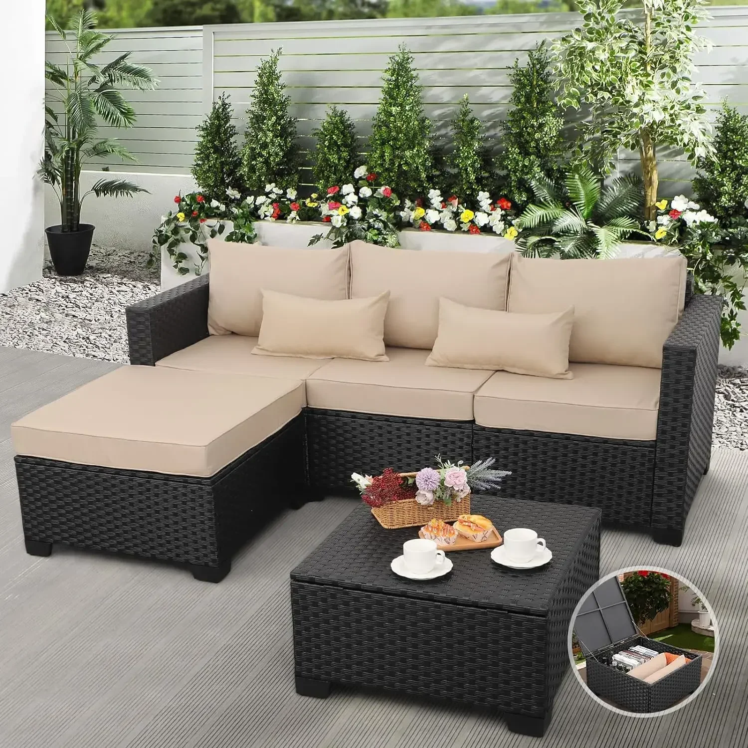 3 Pieces Patio Furniture Set Outdoor Sectional Wicker Patio Furniture Patio Couch with Ottoman and Outdoor Storage Table - Image 8