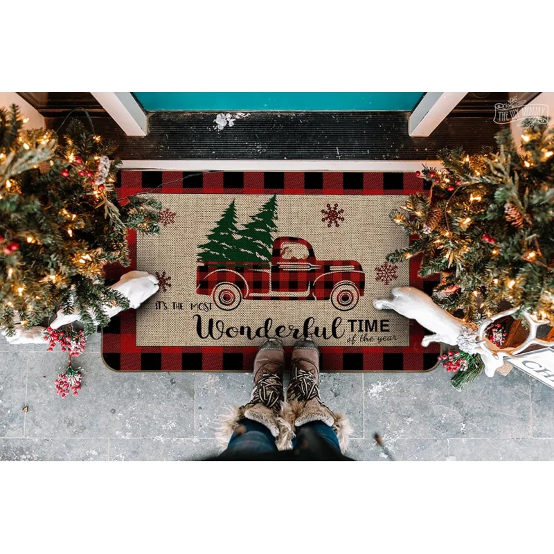 Christmas welcome mat flannel winter truck farmhouse grid outdoor decoration - Image 3