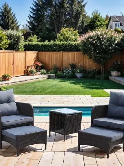 5 Piece Grey Patio Conversation Set, Patio Lounge Chairs Set of 2, Rattan Chairs with Cushions and Ottoman, Patio Furniture