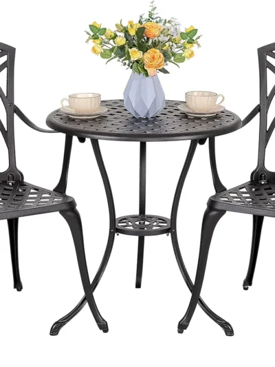 3 Piece Cast Aluminum Bistro Table and Chairs Set with Umbrella Hole Bistro Set of 2 for Patio Backyard