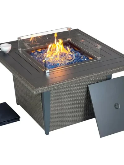 42-Inch Propane Gas Fire Pit Table，50,000 BTU, CSA Certified, Includes Wind Guard & Fire Glass，Outdoor Rattan Patio Firepit