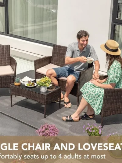 Pieces Outdoor Patio Furniture Set 4, PE Rattan Wicker Chairs Balcony Lawn Porch Patio Furniture Sets with Beige Cushion Table