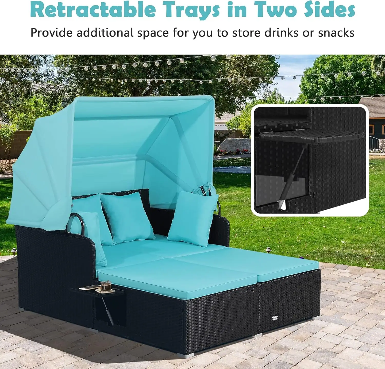 Tangkula Patio Rattan Daybed with Retractable Canopy, Patiojoy Wicker Sun Lounger with 2 Foldable Side Panels, Thick Seat & Back - Image 4