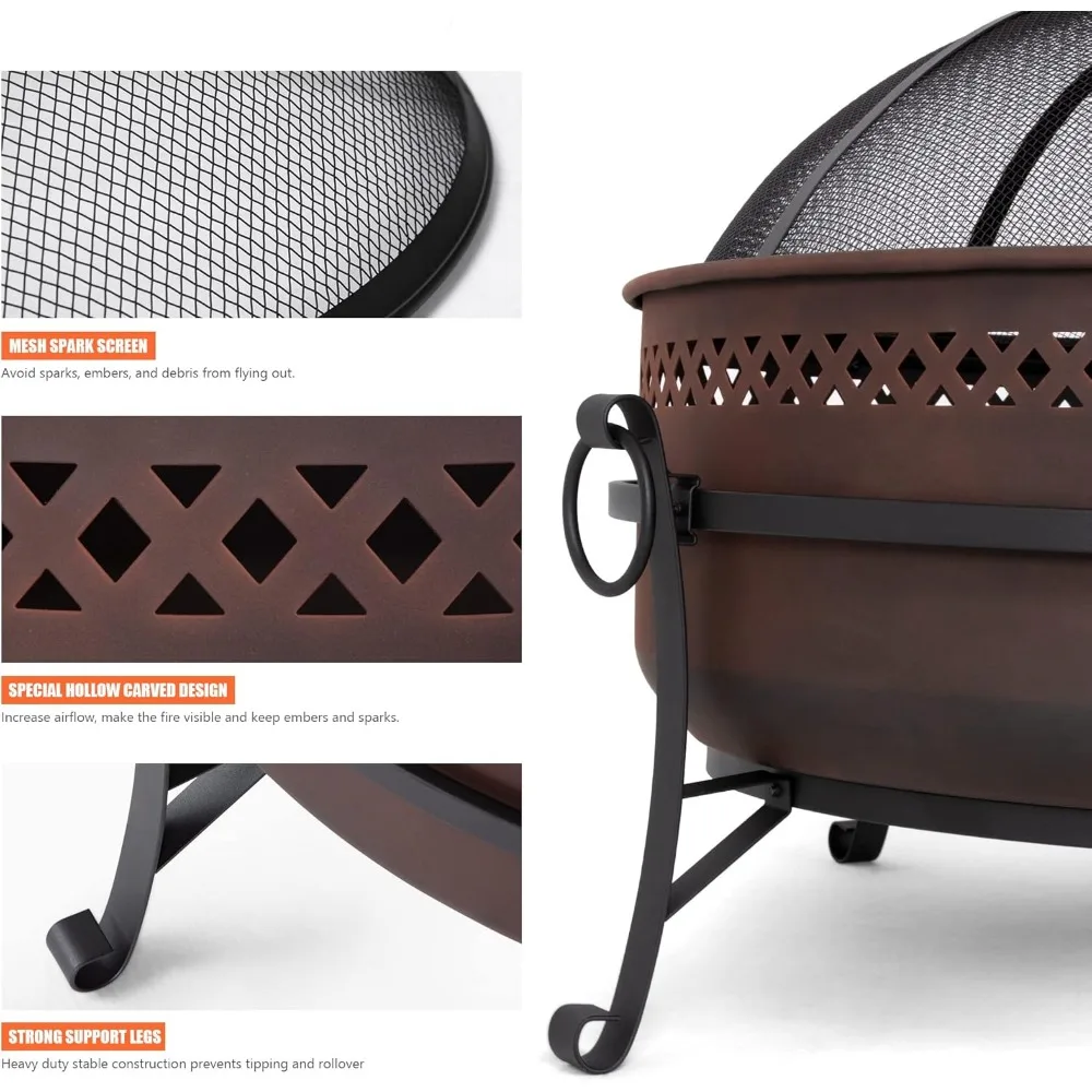 Outdoor Patio Fire Pit with Mesh Spark Screen, 40" Portable Fire Pit for Camping, Bronze - Image 3