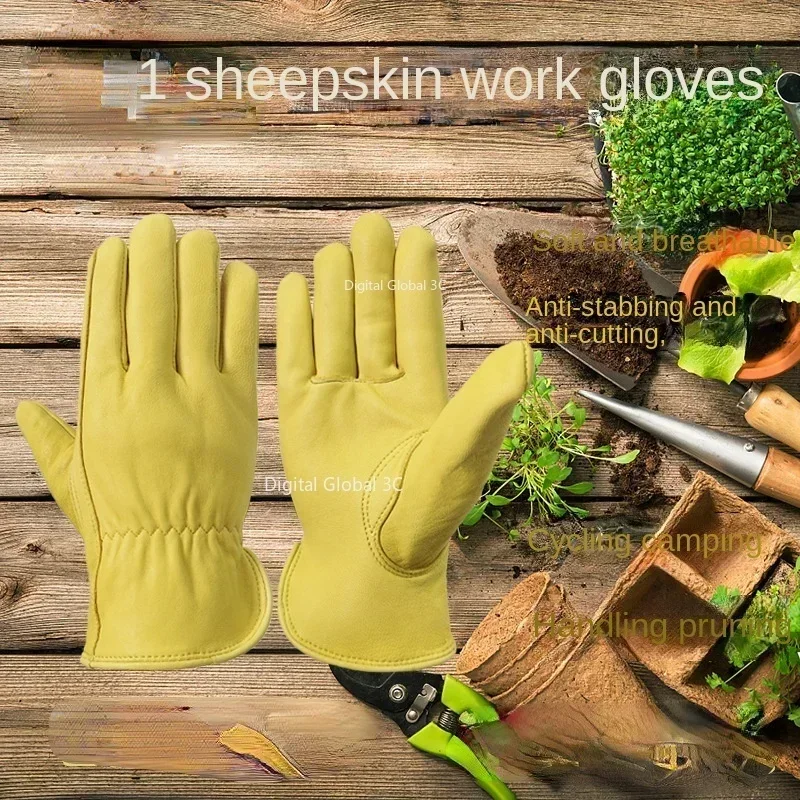 Leather Work Gloves Sheepskin Driving Gloves Men Motorcycle Gardening Safety Protective Fruit Picking Gloves Welding Glove - Image 2
