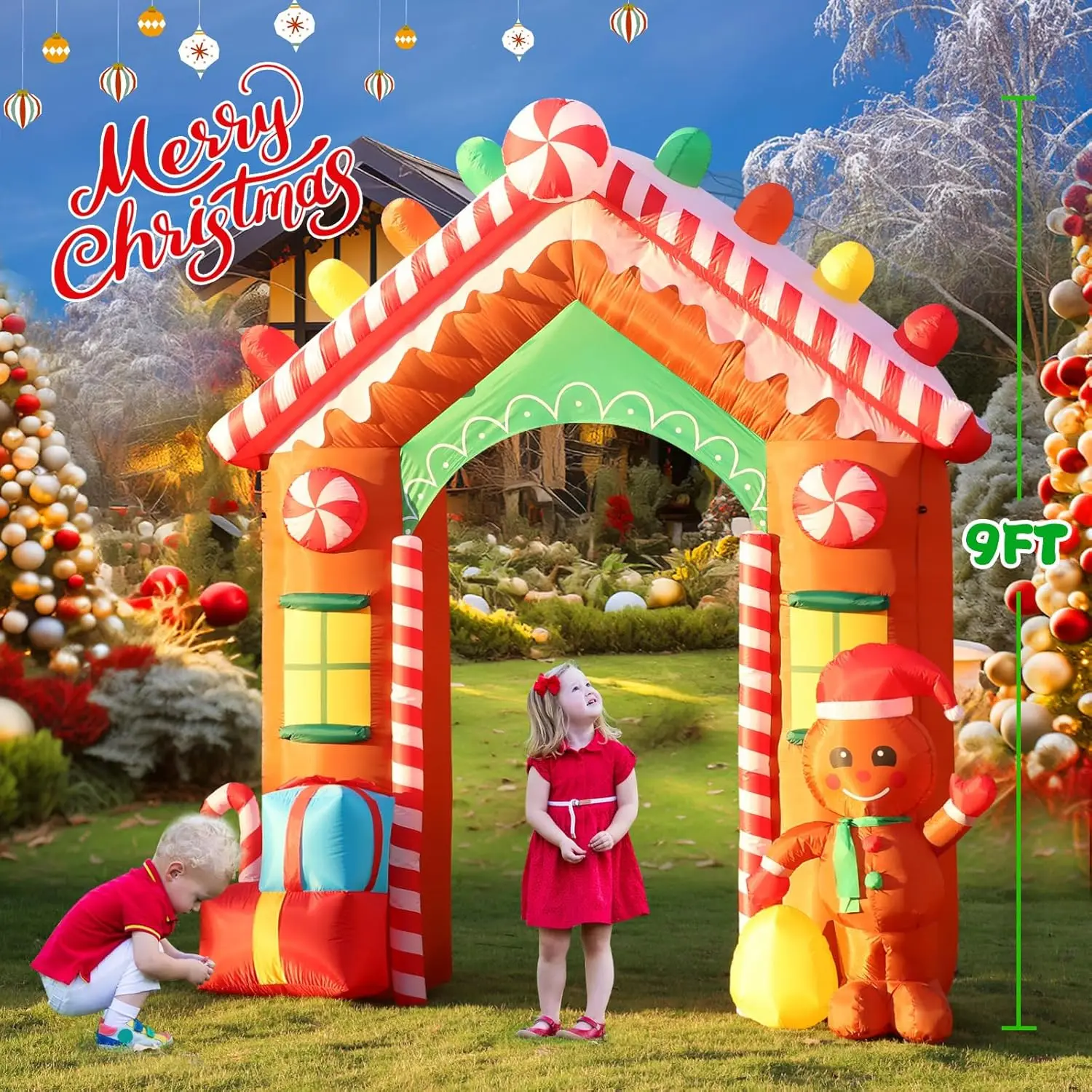 9 FT Christmas Inflatable Archway Outdoor Decorations, Gingerbread House Arch Blow Up Yard Decoration with Colorful Gifts - Image 2