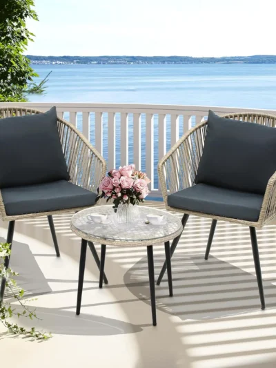 3-Piece Outdoor Patio Furniture Wicker Bistro Set, All-Weather Rattan Conversation Chairs