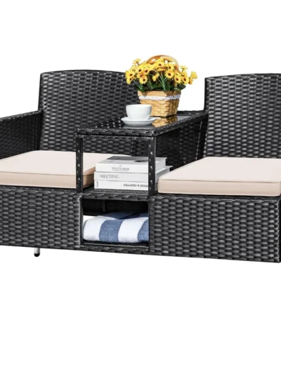 Outdoor Patio Loveseat Modern Rattan 2-Seat Patio Conversation Set with Cushions & Built-in Coffee Table Porch Furniture
