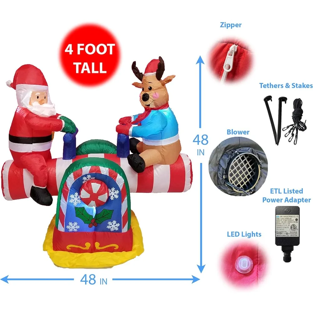 4 Foot Animated Santa Claus and Reindeer on Teeter Totter Outdoor Yard Decoration Christmas Inflatable - Image 3