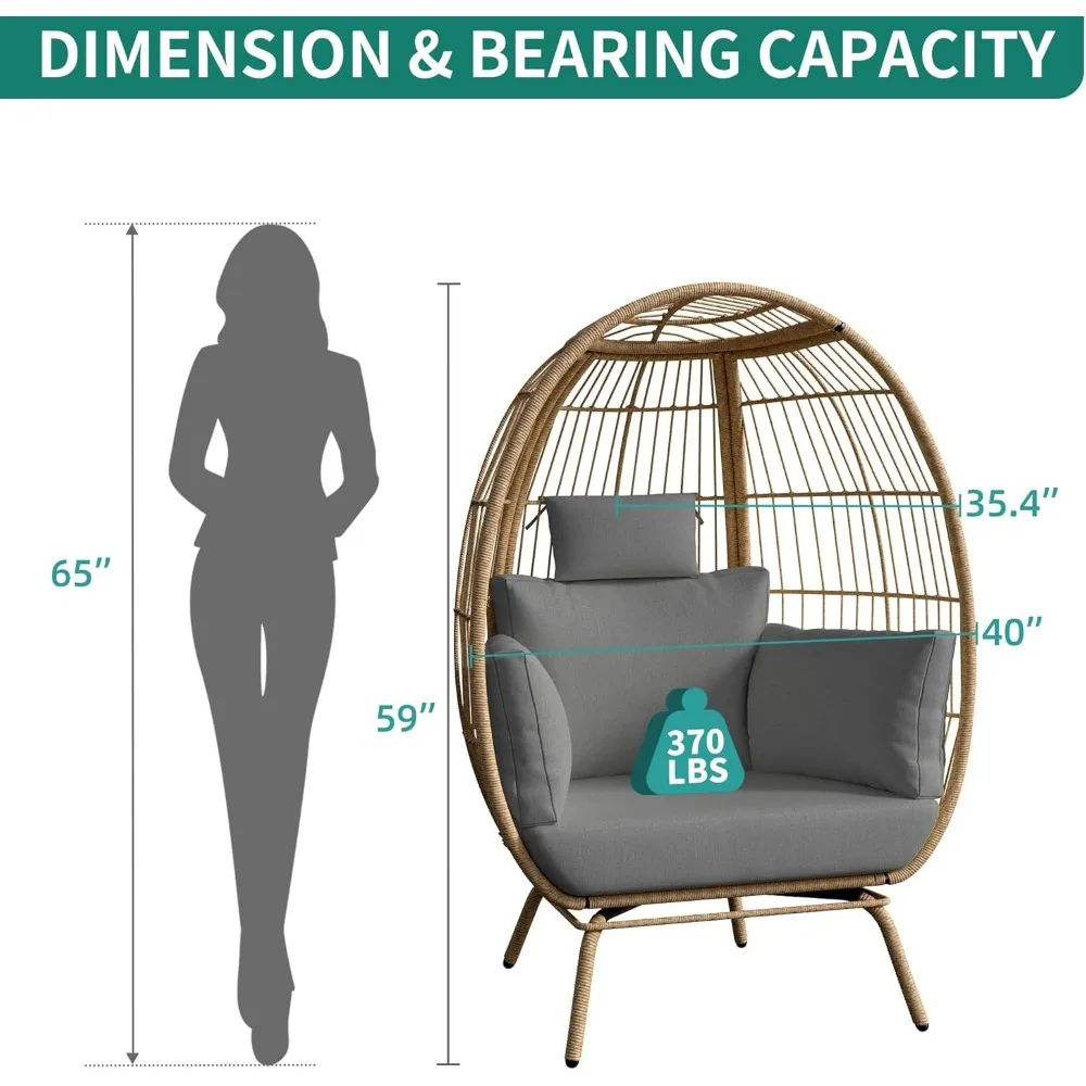 Egg Chair Wicker Outdoor Oversized with 370lbs Capacity Large with Stand Cushion Egg Basket Chair for Patio, Balcony Bedroom - Image 3