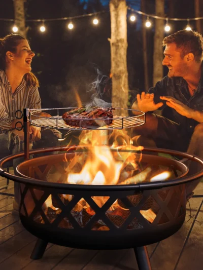 Aoxun Fire Pit, 42" Outdoor Wood Burning Fire Pit with Large Grill, BBQ Large Fire Table for Camping, Heating, Picnics
