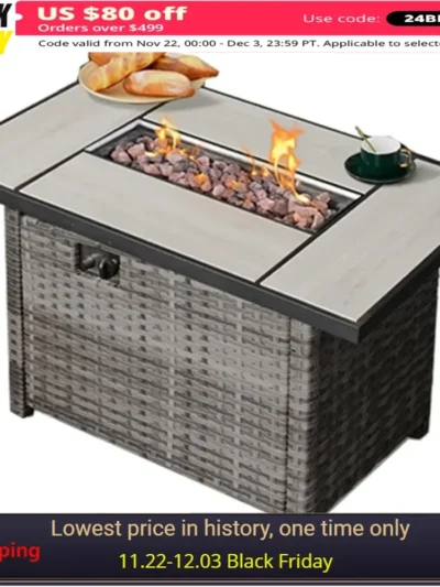 Outdoor Fire Table,  50,000 BTU Propane Patio Fire Pit Table Outside Firepit for Matching Gray Wicker, Fire Pit Table