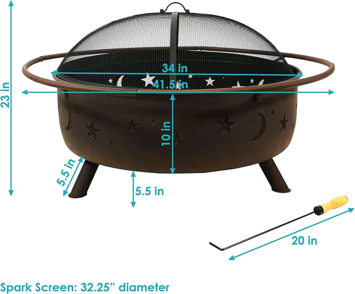 Cosmic 42-Inch Wood-Burning Steel Fire Pit with Round Spark Screen, Poker, and Built-in Grate - Rust Patina - Image 3