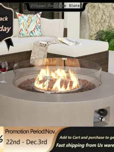 Outdoor Propane Fire Pit Coffee Table,  40.5-inch Round Base Patio Heater, Stainless Steel Burner, Wind Guard, Waterproof Cover