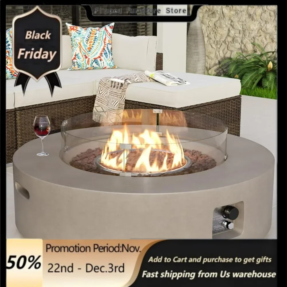 Outdoor Propane Fire Pit Coffee Table, 40.5-inch Round Base Patio Heater, Stainless Steel Burner, Wind Guard, Waterproof Cover