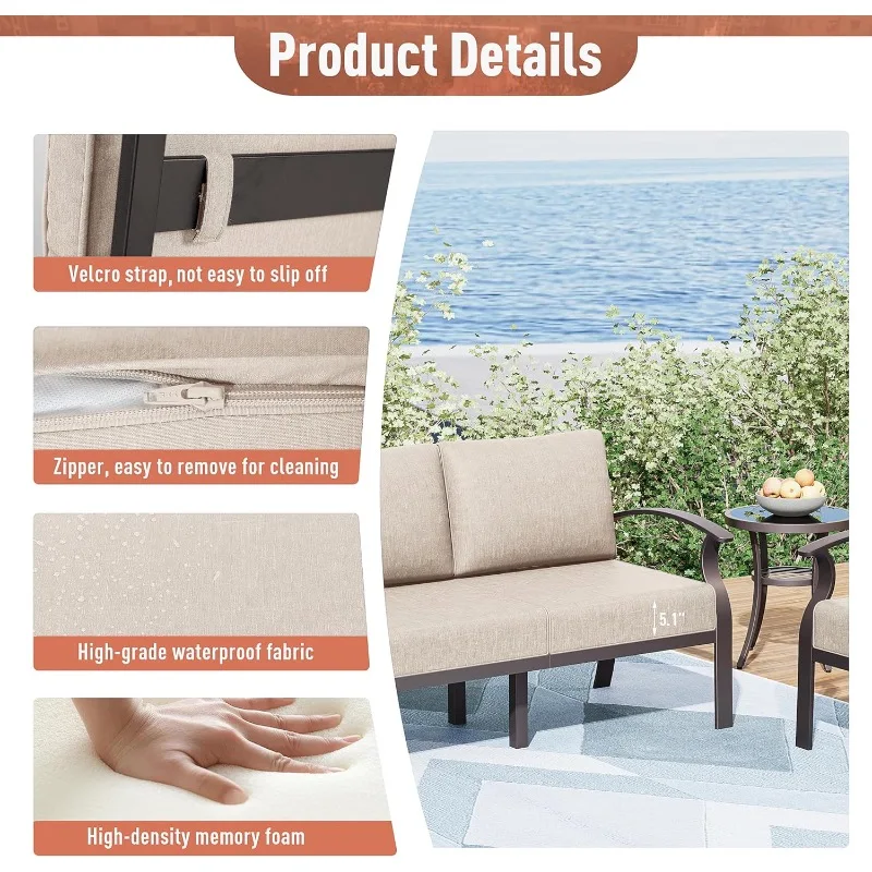 Aluminum Patio Furniture Set 5-Seat Modern Metal Outdoor Conversation Sets w/45in Propane Fire Pit Table, - Image 4