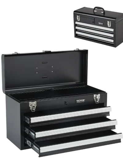 VEVOR 20in 3-Drawer Metal Tool Box Small Black/Red Tool Chest with EVA Liners