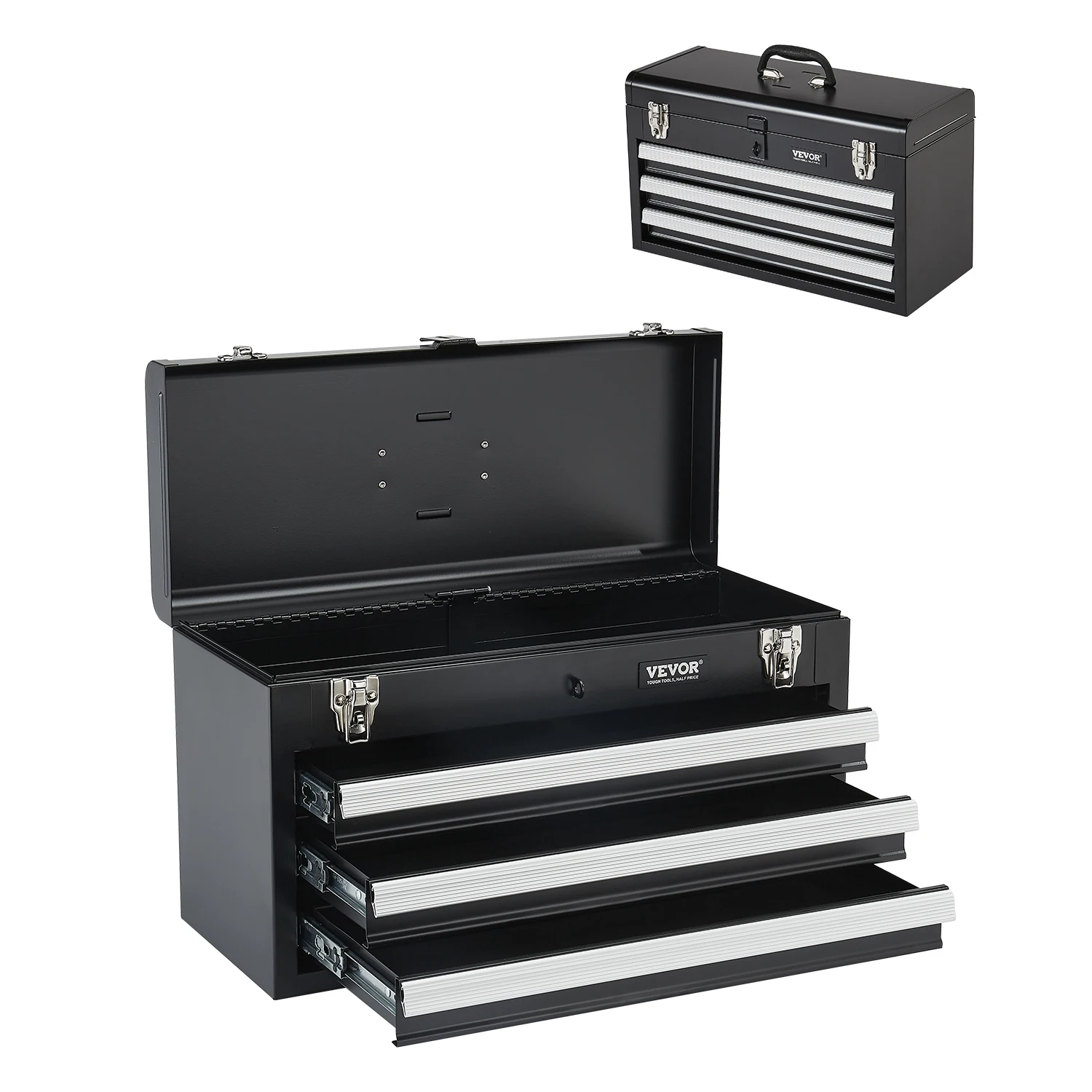 VEVOR 20in 3-Drawer Metal Tool Box Small Black/Red Tool Chest with EVA Liners