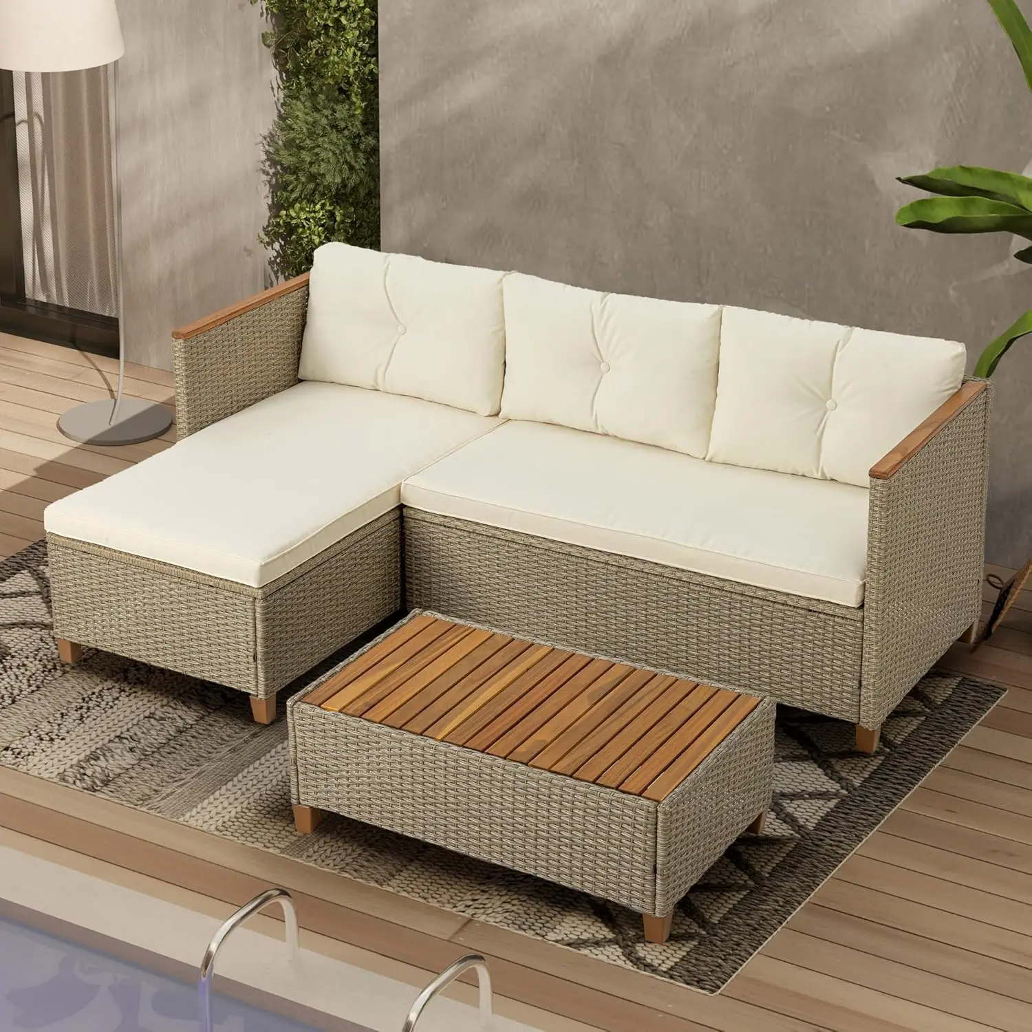 Patio Furniture Set 3 Piece Outdoor Sectional Sofa Couch All Weather Rattan Wicker Conversation Set with Acacia Wood Coffee - Image 7