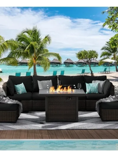 Garden Furniture 7 Piece Set with Fire Pit Table, Rattan Outdoor Patio Sectional Conversation Furniture Sets W/Seat Cushions