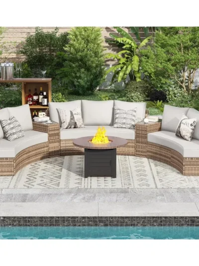 11 Piece Half-Moon Sectional Round Patio Furniture Set with Large Storage Wedge Table Wicker Sofa Set