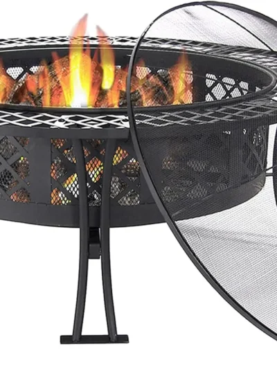 40-Inch Round Steel Fire Pit Table with Durable Spark Screen and Poker - Portable Design - Black - Diamond Weave