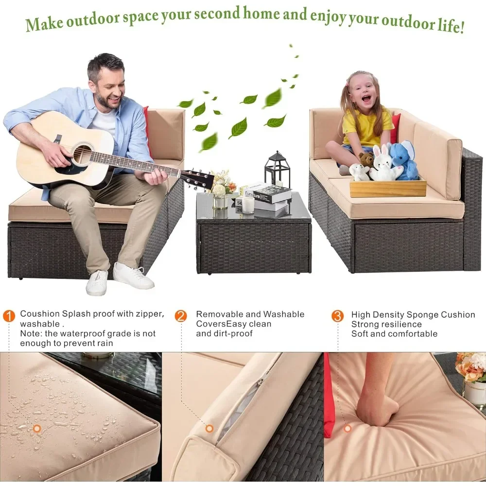 Patio Sets 5 Piece, All-Weather Brown PE Wicker Outdoor Couch Sectional Set, Small Conversation Set Garden/Patio w/Ottoman - Image 3