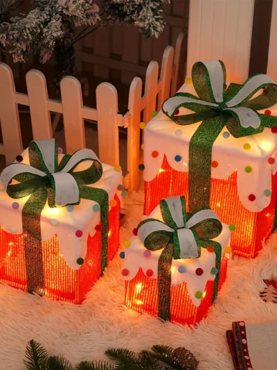 3 Pack Christmas Lighted Gift Boxes with Bow, Luxury  Christmas Glowing Present Boxes