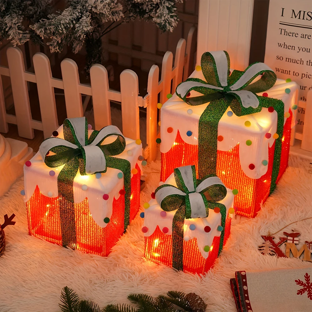 3 Pack Christmas Lighted Gift Boxes with Bow, Luxury Christmas Glowing Present Boxes