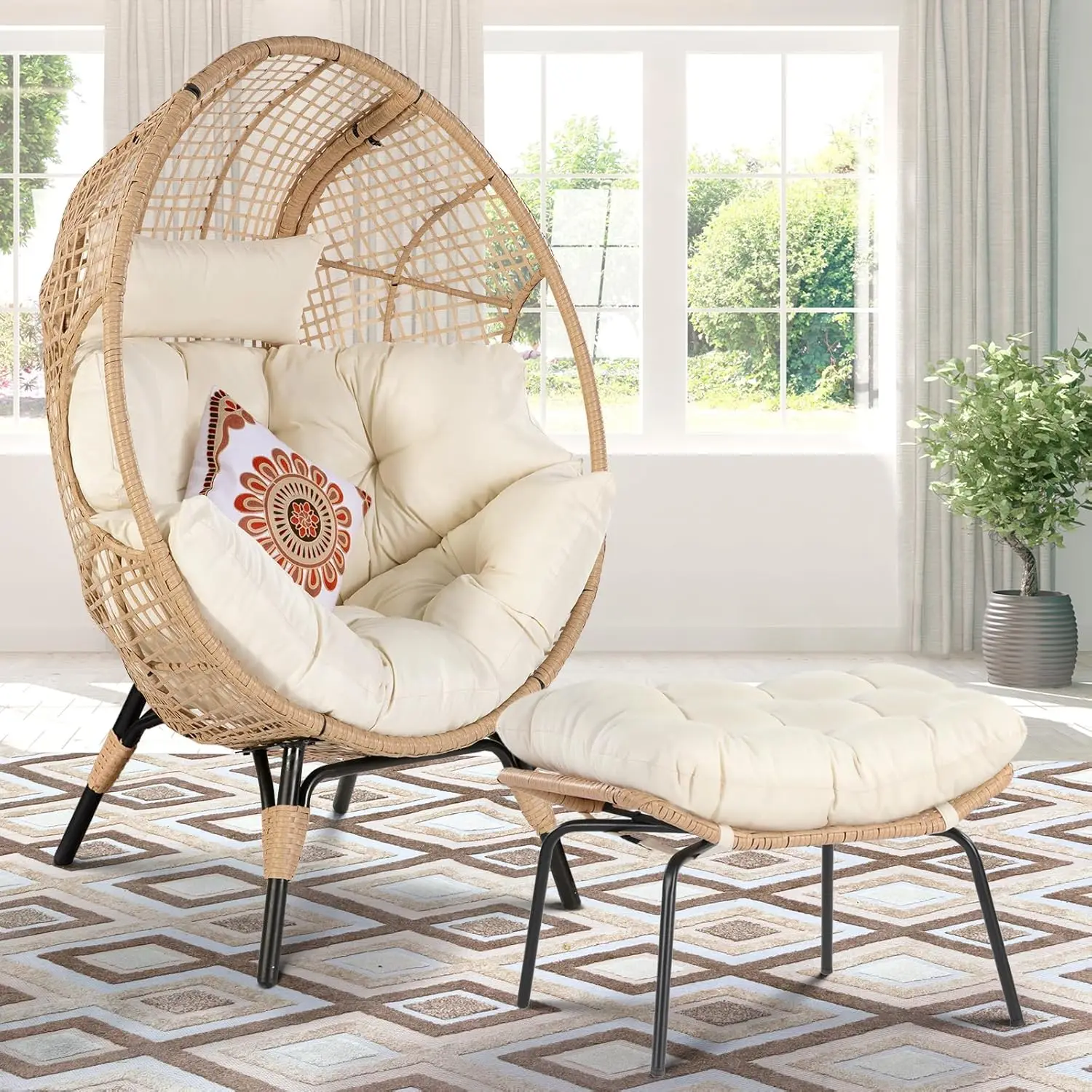 Egg Chair with Footrest Outdoor Wicker Patio Egg Chairs with Ottoman for Indoor Bedroom Outside Porch Deck Backyard